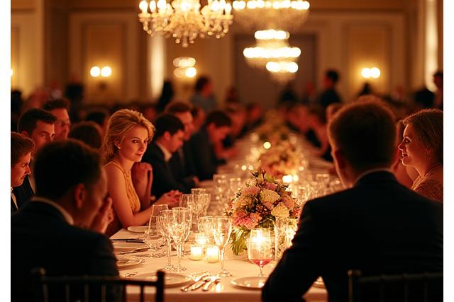 Guests enjoying an elegant gala dinner with exquisite decor